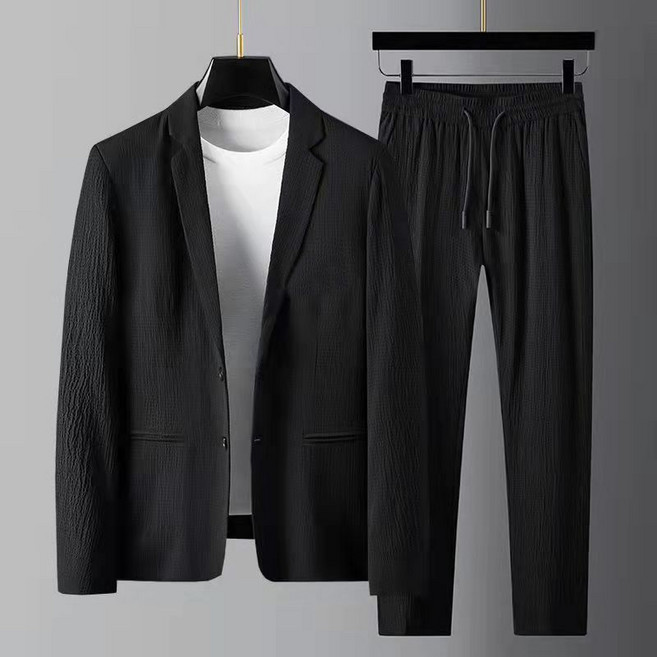 AOUGK XL~5XL 남성 시어서커 세트 빅사이즈 주름 정장 투피스 캐주얼 냉감 여름 자켓 바지 상하세트