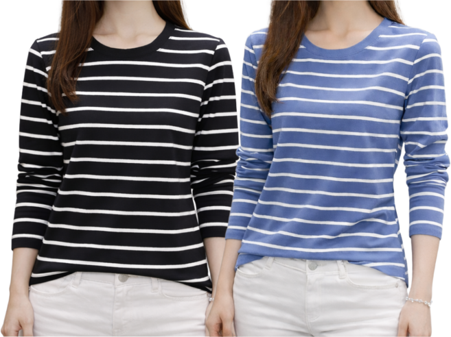 벨로에 여성 봄 스트라이프 티셔츠 라운드넥 줄무늬 긴팔티 2종 세트