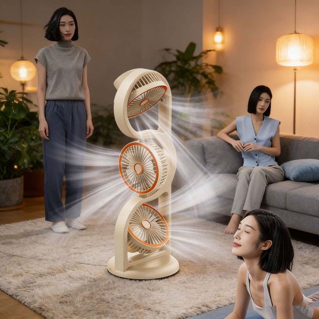 탁상용선풍기 3헤드 냉각 순환 선풍기 3개 독립 제어 저소음 다단 풍속조절 360도 회전 서큘레이터, 베이지색