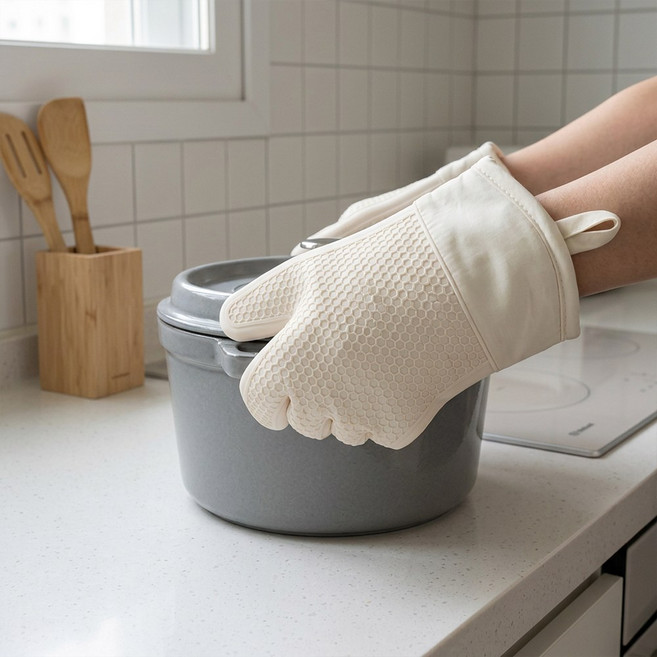 실리콘 오븐장갑 내열 미끄럼방지 주방용 장갑 양손 세트, 1세트, 아이보리
