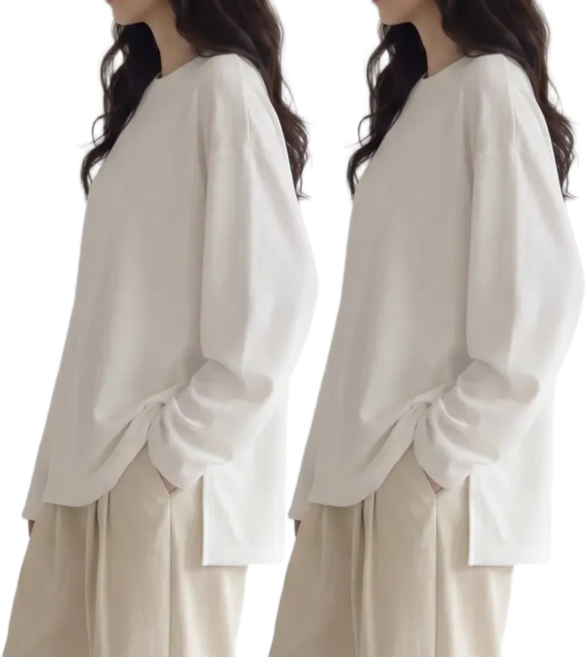 우니크 1+1 여성용 옆트임 오버핏 레이어드 긴팔 티셔츠