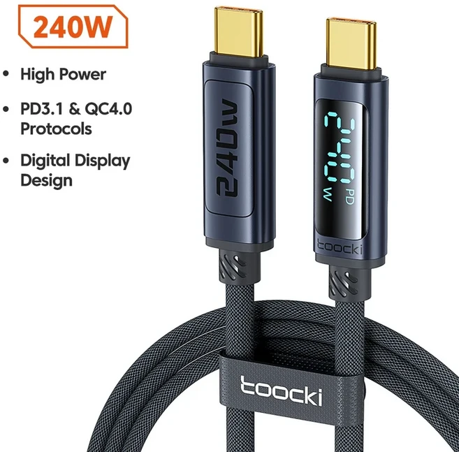 Toocki 240W USB C-USB C 케이블 LED 디지털 PD3.1 QC4.0 iPhone 15 Pro Macbook 480Mbps 데이터 코드 용, 01 Gray, 01 1m, 1개