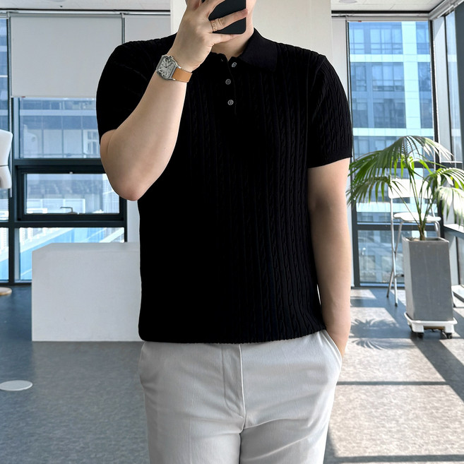 룩플레인 면 백프로 워셔블 케이블 여름 반팔 니트 카라 티셔츠 7color