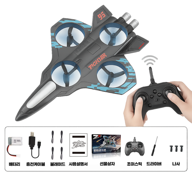 RC 미니전투기 드론 2.4GHz 고성능 360도 회전 1대, 파란색(배터리 2개입), 1개, 파란색(배터리 2개입)