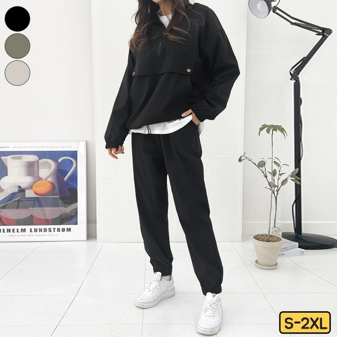 가비진 여성용 편안한 아노락 후드 반집업 긴팔+아노락 조거 밴드 아노락 트레이닝 상하의 세트