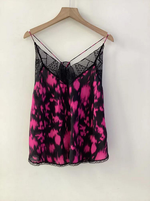 100% 실크 여성 타이다이 캐미솔 레이스 스티칭 V넥 민소매 패션 슬링 탑