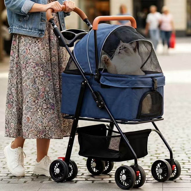 분리형 강아지 유모차 고양이 반려동물 카시트 겸용 원터치 폴딩 애견 이동 카트 중소형견 감성 나들이 / 산책 접이식 개모차, 1개, 블루