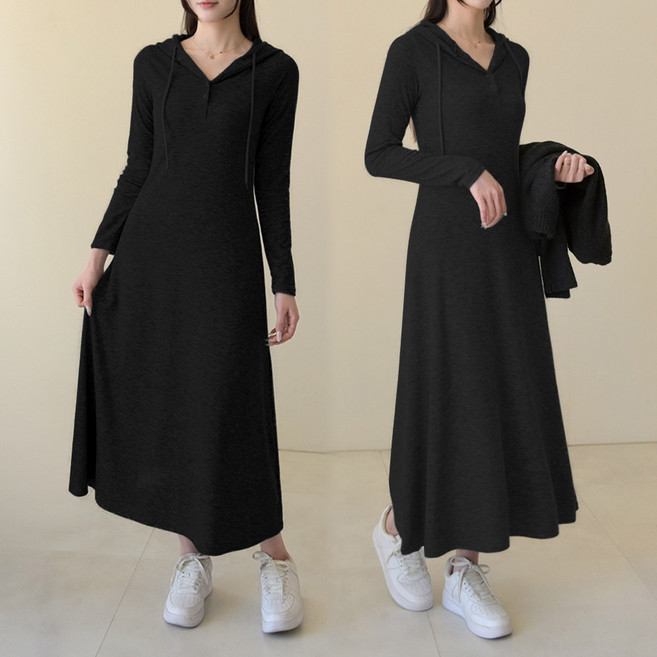 데일리앤 오브제 차르르 헨리넥 후드 스판 롱 원피스 가을 캐주얼 여리핏 홈드레스