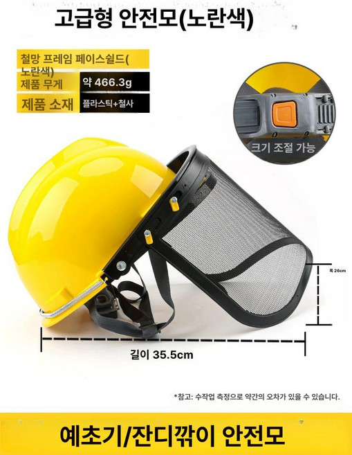 예초기 헬맷 보호구 메쉬 벌목 통풍 작업용 장비 제초, 1개, 고급형  노란색