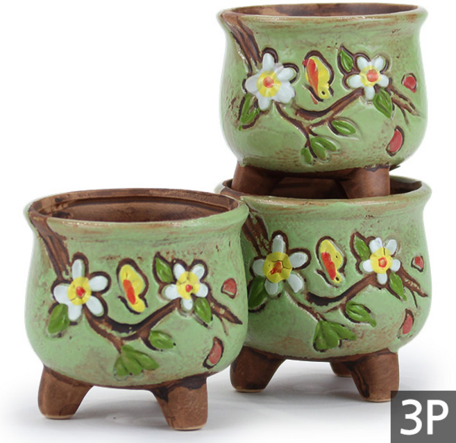 세인화분 꽃무늬 다육이 미니화분 3P - 다육 화분 콩분 잎꽂이, 3개, 꽃무늬(A타입)_그린