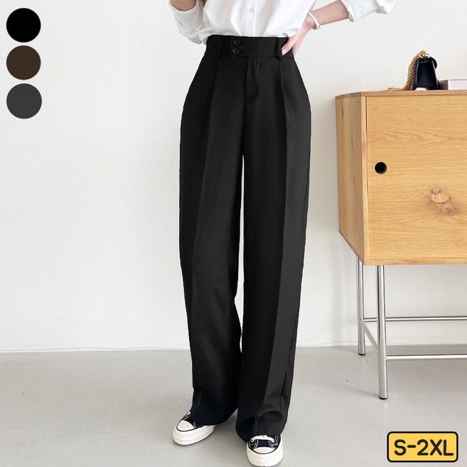 여리진 여성용 뒷밴딩 핀턱 일자 와이드 투버튼 슬랙스 팬츠 바지 빅사이즈까지