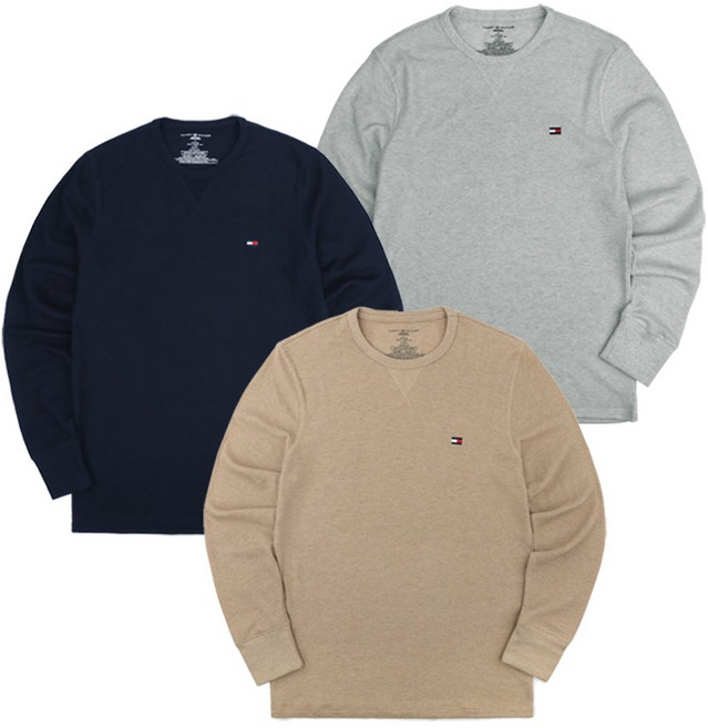 타미힐피거 남녀공용 와플 크루넥 긴팔 티셔츠 캐주얼 데일리