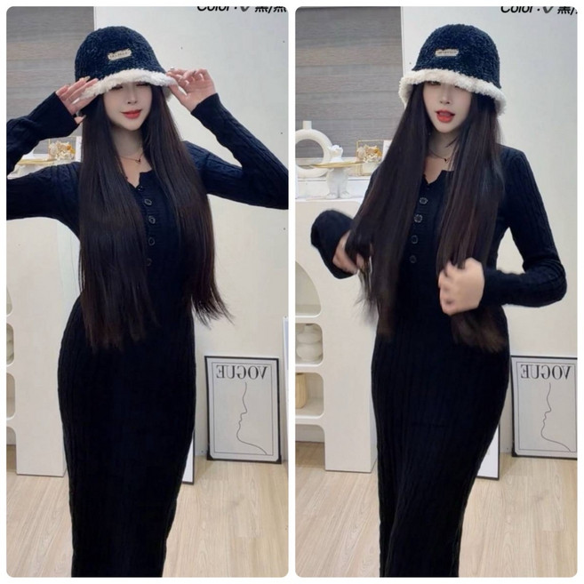 麻花針織連身裙, 黑