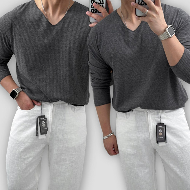 빠델 남자 머슬핏 긴팔 데끼 브이넥 니트