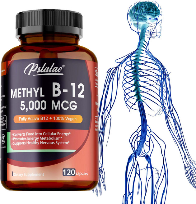 메틸 비타민 B12 보충제 1회 제공량 5000mg 풀 스펙트럼 비타민 B12 + 100% 비건 천연 에너지 부스터 두뇌 및 심장 기능 지원, 3개, 120정