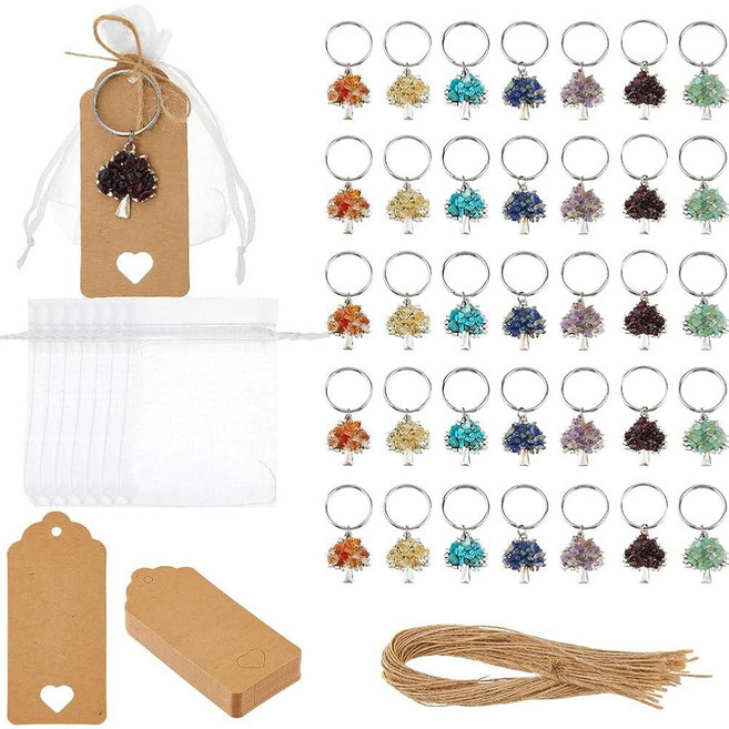 SUPERFINDINGS 35Pcs 7 Colors Tree of Life Keychain Favors Family Reunion Favors Natural Crystal St