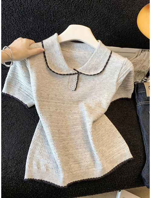 여성용 라펠 아이스 실크 니트 티셔츠 봄여름 세련되고 다용도로 활용 가능한 캐주얼 상의
