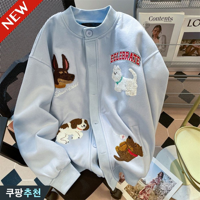 (26년 신상) 110kg까지 빅사이즈 여성 빈티지 귀여운 강아지 자수 야구복 자켓 가을 겨울 추천 편한 시카고 트렌드 스쿨룩 장식 오버핏 디자인 큰옷 외출용 클래식 세미 잠바