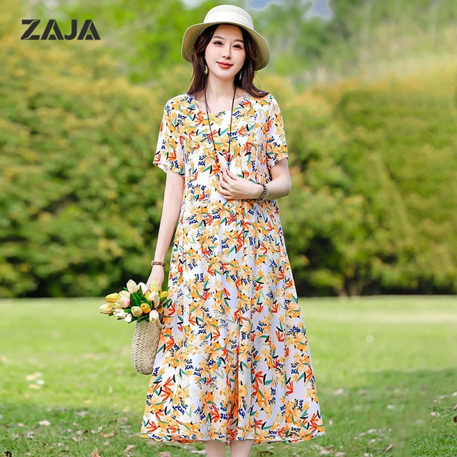 ZAJA 여성 플라워 롱원피스 여름 반팔 루즈핏 빅사이즈 엄마 데일리원피스