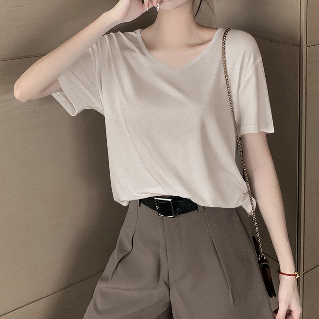 AOKADA 여성 딥 브이넥 오버핏 무지 반팔티 찰랑 이너티 면티 루즈핏 흰티 여성티