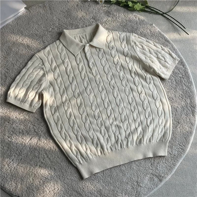 남성 니트 반팔 티셔츠 봄 여름 캐주얼 트렌드 폴로넥 반팔티 남자 빈티지 꽈배기 니트 상의 WMY