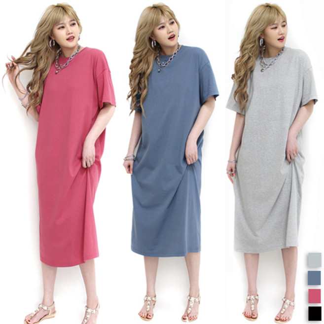 통통마녀 ] 무지 반팔 롱원피스 55~77 까지 착용 / 4컬러
