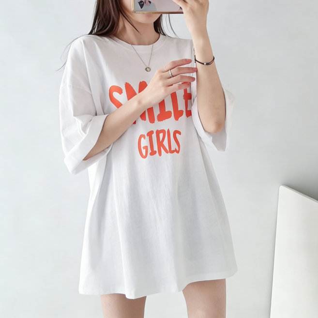 아이웬티 빅사이즈루즈핏 스마일걸 프린팅 하프반팔 여 순면 날씬해 보이는 하의 실종풍 반팔 티셔츠