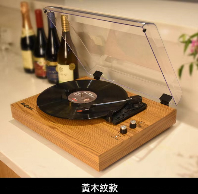 黑膠唱片機電唱機留聲機內置雙喇叭音箱臺式亞克力防塵蓋藍牙連接, 美規/中規, 黃木紋