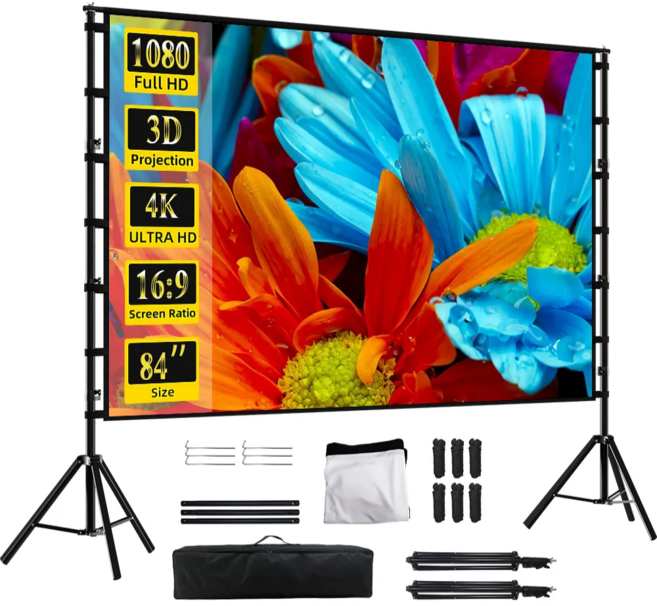 VEIDADZ 실외용 빔프로젝터 스크린 광시야각 듀얼 삼각대 가방 포함 주름방지 접이식, 84형, 16:9