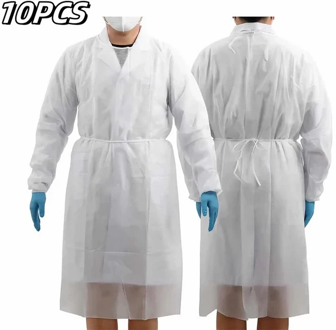 10/20팩 일회용 격리 가운 PPE 가운 일회용 대량 완전 밀폐형 이중 끈 백 엘라스틱 커프스 가정용 격리용, 04 White-10PCS