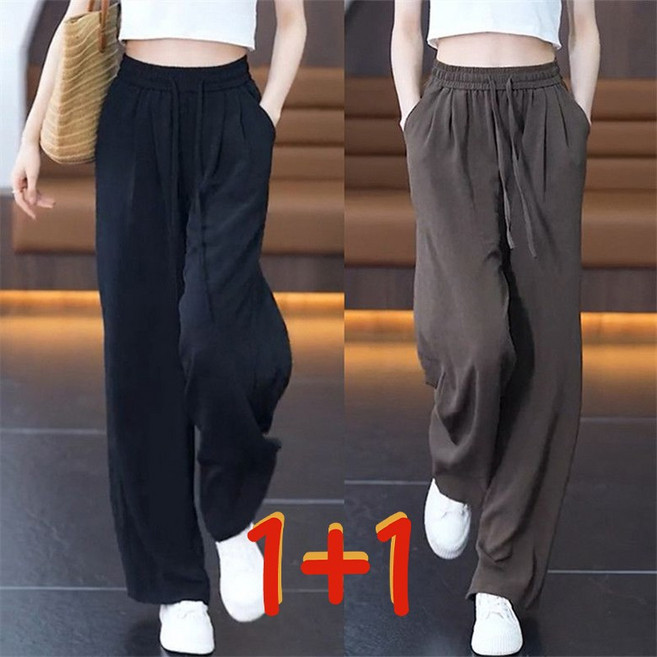1+1 쿨 아이스 밴딩 밴츠 부드러운 살랑살랑 일자바지 여름 여성 시원한 트레이닝 캐주얼바지 빅사이즈