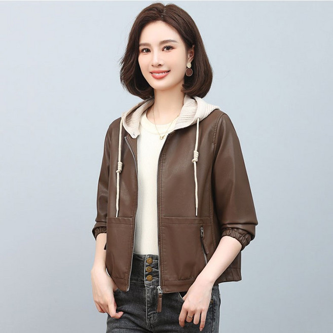 FANSYLI 여성 후드 가죽 점퍼 봄가을 숏 캐주얼 푸가죽 자켓 패션 니트 후드 가죽 코트 간절기 점퍼 W2508A15