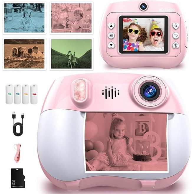 [바유미키] 어린이 프린트 카메라 키즈카메라 즉석카메라 필름카메라 토이카메라 선물, 1개, ZK18 (핑크)