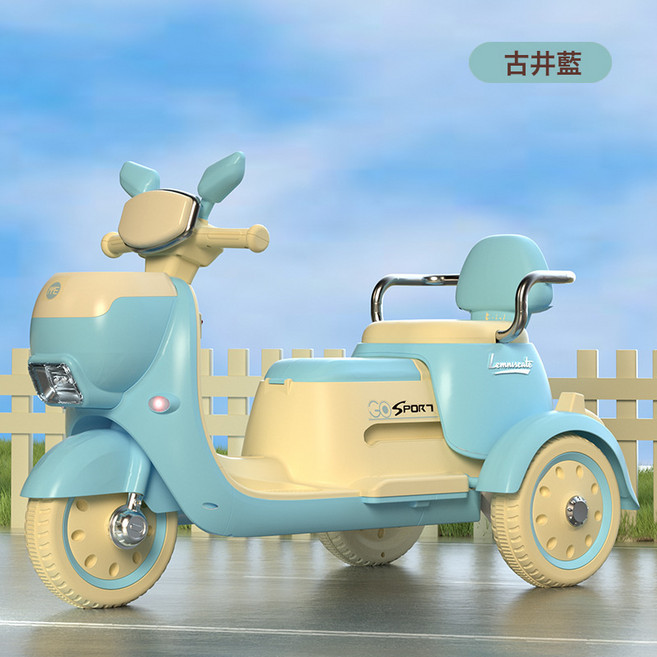 DFMEI 兒童電動摩托車三輪車男女孩寶寶小孩可坐大人雙人充電遙控玩具車, 1個, 夢境藍+雙驅+12V電瓶:如圖