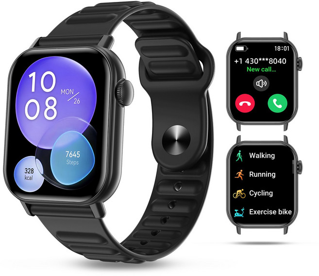 통화 기능이 있는 블루투스 스마트워치 1.83인치 HD 디스플레이 한국어 버전 배터리 수명 7일., Black, 4.6cm