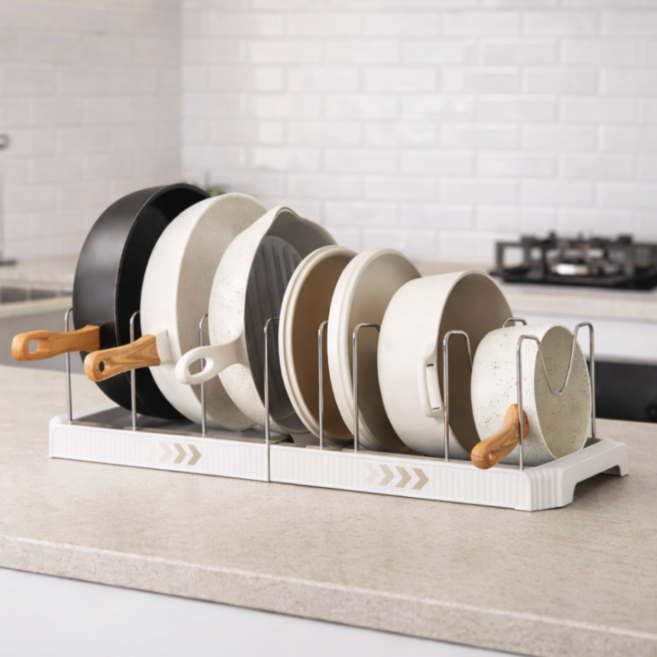 마이홈픽 확장형 길이조절 후라이팬 정리대, 1개, 화이트, 1단