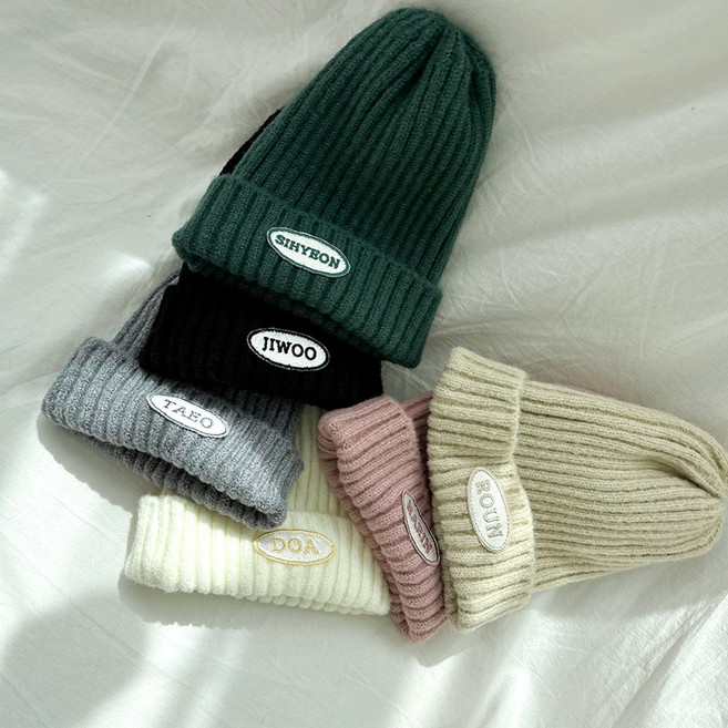 유아 비니 이니셜 아기 겨울 모자 골지 아이보리s 와펜자수