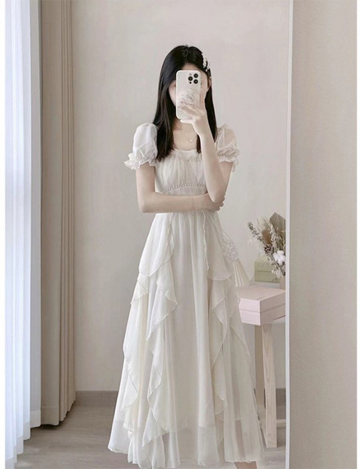 스타일닥터 스커트 여성 봄 퍼프소매 롱원피스 프렌치 레이어드 디테일 휴양지 데일리룩 화이트 루즈핏