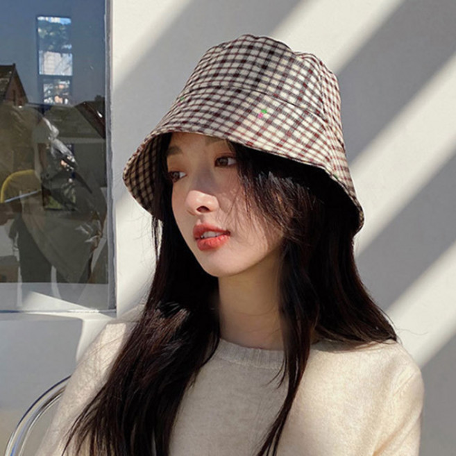 스내플 플라워자수 체크 드롭핏 벙거지 버킷햇
