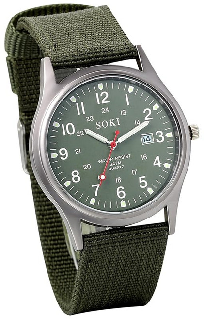 SEIKO 세이코 남성 손목시계 야광 아라비아 숫자 군용 쿼츠 나일론 밴드 아미그린