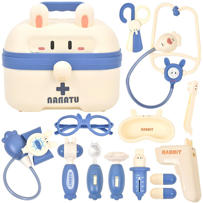 오즈토이 토끼 가방 보관함 작동 병원놀이 세트, 파랑, 1개