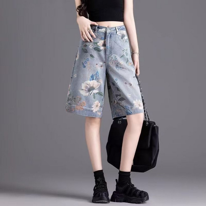 Makone 여성 플라워 프린트 하이웨스트 청바지 스트레이트 5부 반바지