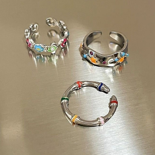 ROYALBELLE 3장묶음 여성 컬러 플라워 포인트 오픈 조절 가능 개성 반지 세트 F01020318