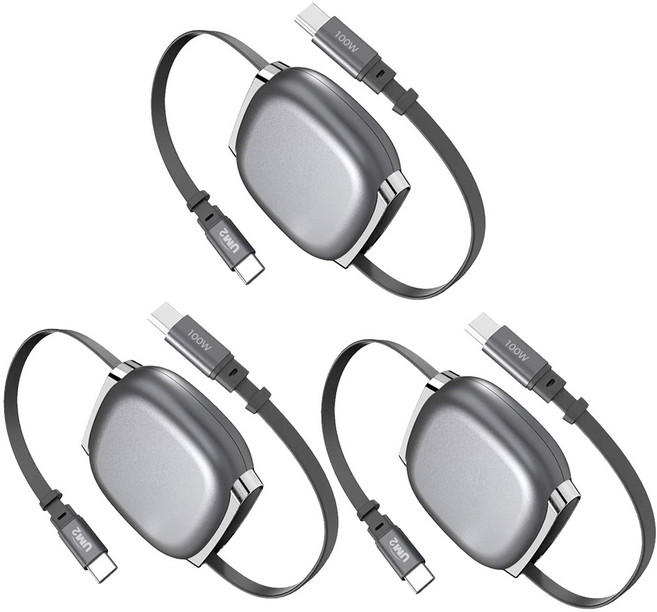 유엠투 고속충전 릴케이블 1m 여행용 100W C타입 자석식 데이터 전송, 3개, 메탈실버, 100cm