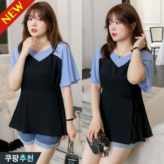 (25년 신상) 120kg까지 빅사이즈 여성 페이크 프릴 소매 기질 쉬폰 반팔 티셔츠 블라우스 여름 편한 이쁜 단아한 패션 허리조임 날씬해보이는 고급 코디 시원한 캐주얼 5xl 티