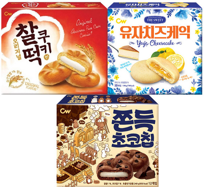 청우 오리지날찰떡쿠키215g+유자치즈케익190g+쫀득초코칩200g 각 1개