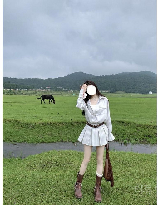 티류으스 여성용 긴팔 스트라이프 셔츠 원피스 여름 러블리 휴가룩 세트 Z0407