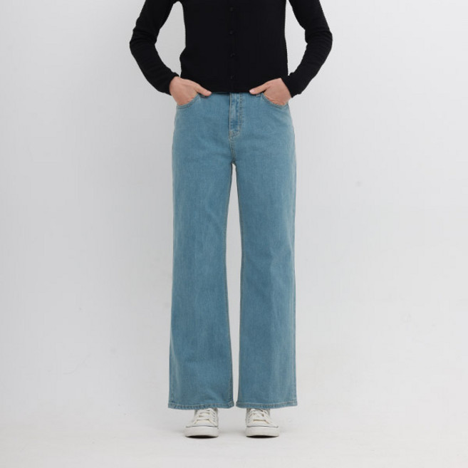 [잠뱅이] 여성 밴드 라이트 그린칼라 와이드핏 데님 팬츠 라이트블루