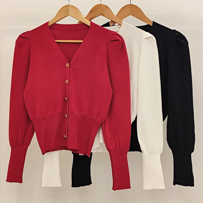 그리다 퍼프 셔링 금장 버튼 가디건 봄 가을 브이넥 니트 레드 파워 숄더 튤립 소매 단추 [비치인어스]