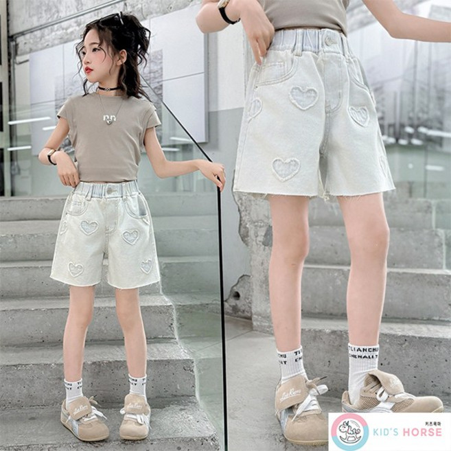 키즈목마 여아 여름용 초등생 연한 워싱 데님 청반바지 하트 자수 포인트 주니어 허리 밴딩 5부 팬츠 907